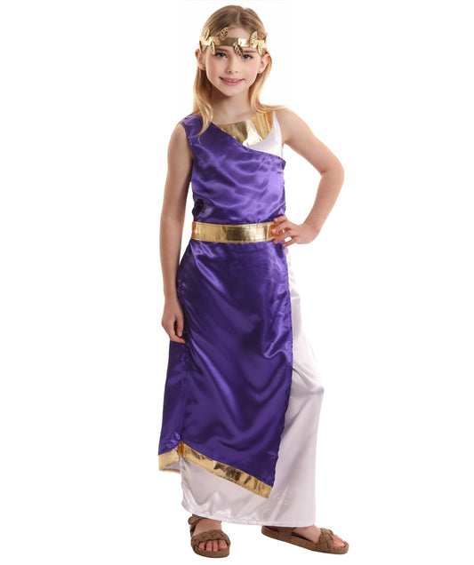 HPO Elegant Ancient Roman Purple & White Roman Toga Costume for Girls | Suitable for Halloween | Flame-retardant Synthetic Fabric