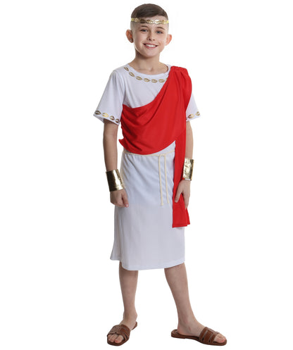 HPO Elegant Ancient Roman White and Red Toga Boy Costume | Suitable for Halloween | Flame-retardant Synthetic Fabric