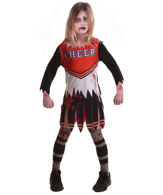 HPO Teen's Zombie Cheerleader Multicolor Costume | Spooky Cheer Outfit with Tattered Dress & Pom Pom | Halloween, Costume Parties & Stage Events