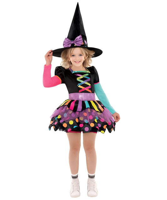 Teen Patchwork Witch Costume | Colorful Halloween Outfit with Layered Dress, Belt, and Hat | Stage, Party & Roleplay Events