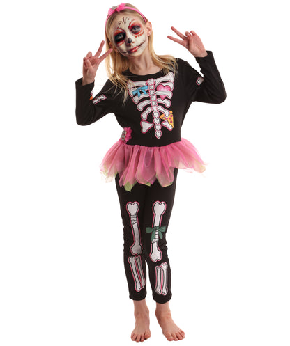 HPO Teen’s Fancy Skelly Bones Black and Pink Costume | Elegant Skeleton Print Dress with Tulle Accents | Halloween Cosplay Stage Performances & Themed Parties