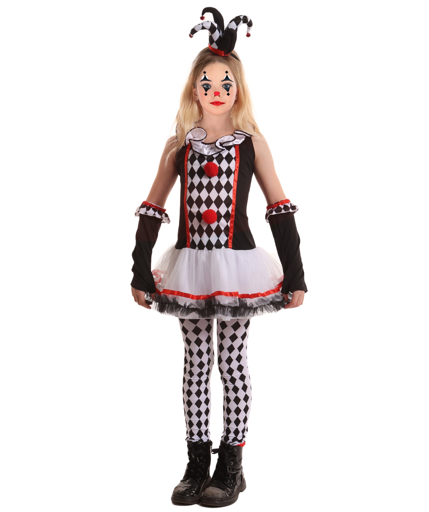 HPO Teen’s Harlequin Honey Costume | Black & White Diamond Dress with Ruffledit Collar | Halloween Cosplay Masquerade & Themed Party