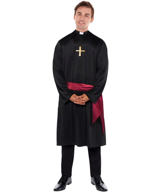 HPO Adult Priest Costume | Long Red Robe with White Collar | Religious-Themed Outfit for Theater, Halloween & Costume Events
