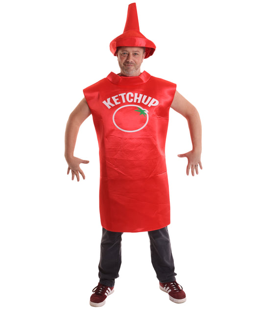 HPO Ketchup Red Costume | Red Bottle Tunic with Label Print | Funny Food-Themed Outfit for Halloween Parties Festivals Cosplay & Group Dress-Up
