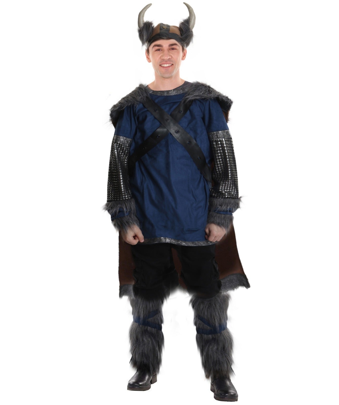 HPO Adult Men's Viking Warrior Multiple Costume | Rugged Medieval Norse Outfit with Tunic Fur Dress Leg Socks S-CAF Horned Helmet | Halloween Cosplay Theater Festival & Roleplay