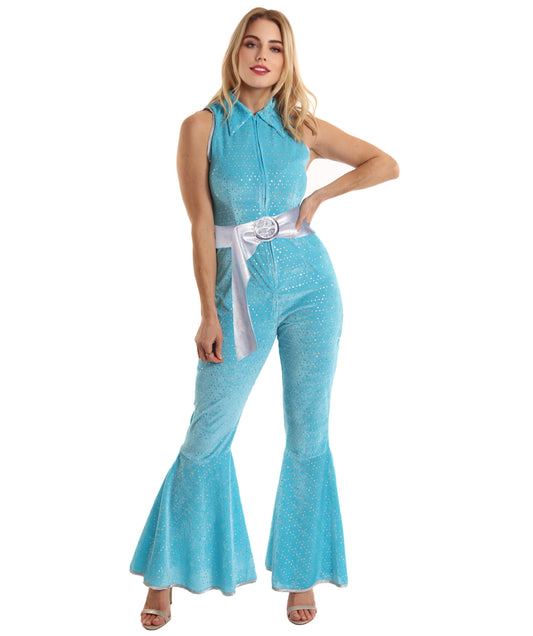 HPO Adult Women's Ladies Multiple color Disco Jumpsuit Costume | Sparkling 70s-Inspired Outfit with Flared Dress and Belt | Halloween Party Stage Cosplay & Theme Events
