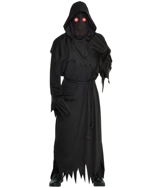 Glaring Reaper Black Costume | Dark Hooded Robe with Skeleton Print and Scythe Accessory | Halloween Cosplay, Stage Performances, Theme Parties & Roleplay