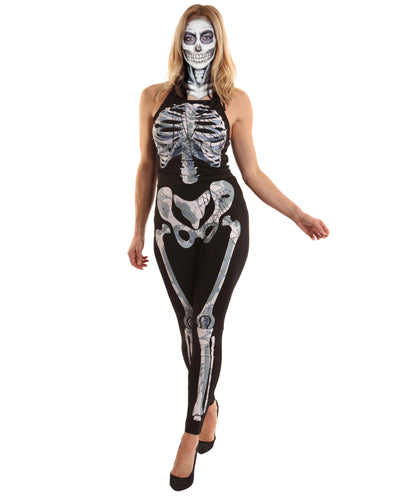 HPO Adult Bone-a-fied Babe Costume | Skeleton Bodysuit with Bone Print and Belt | Halloween, Stage Performances, Theme Parties & Roleplay