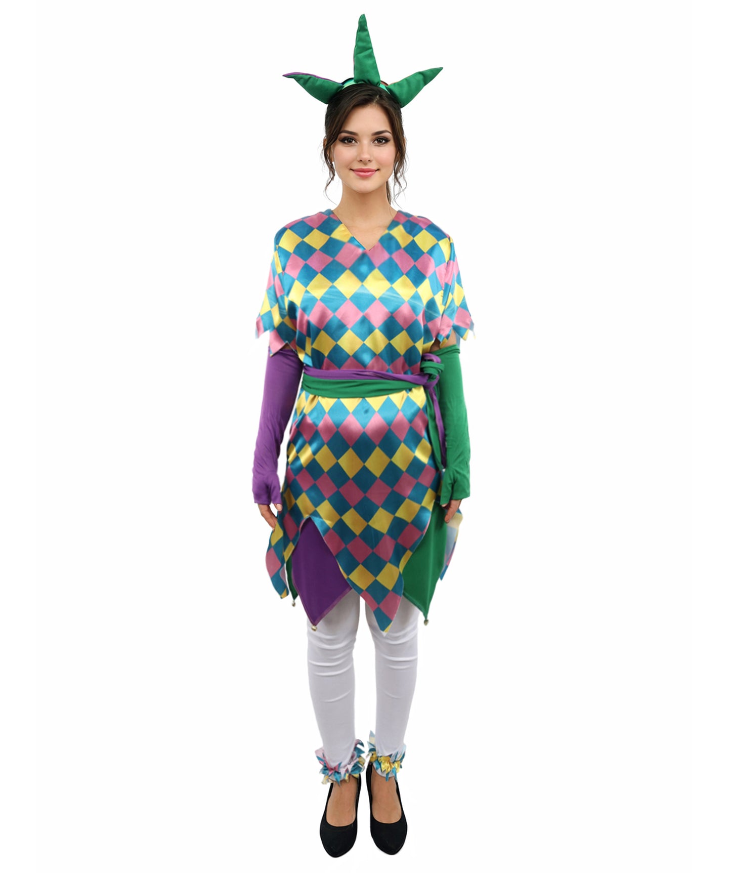 HPO Women's Sequin Jester Dress Costume – Multicolor Jester Style Outfit with Diamond Pattern | Party, Cosplay & Festival Wear