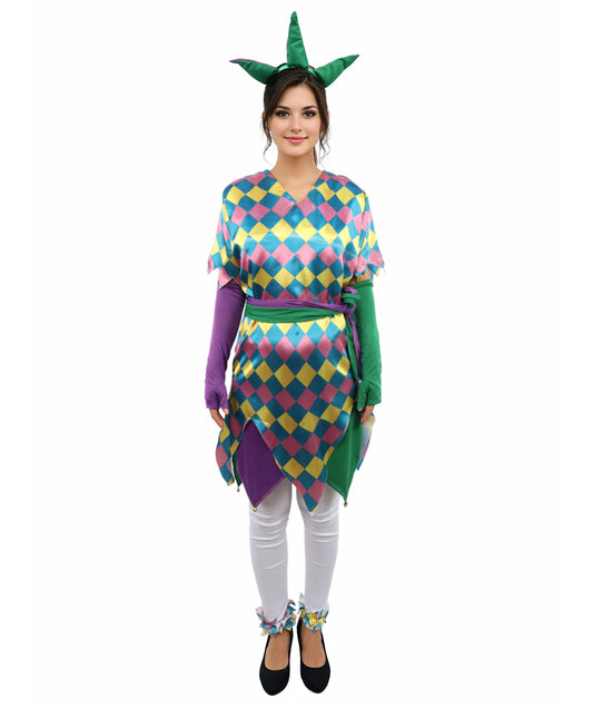 HPO Women's Sequin Jester Dress Costume – Multicolor Jester Style Outfit with Diamond Pattern | Party, Cosplay & Festival Wear