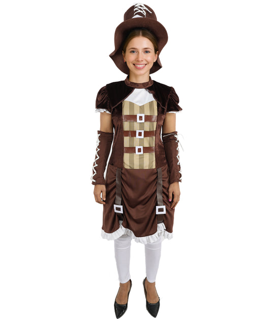 HPO Women's Industrial Victorian Costume | High-Low Skirt Dress Featuring Attached Corset and Goggles | Versatile for Stage Shows, Conventions, and Themed Parties