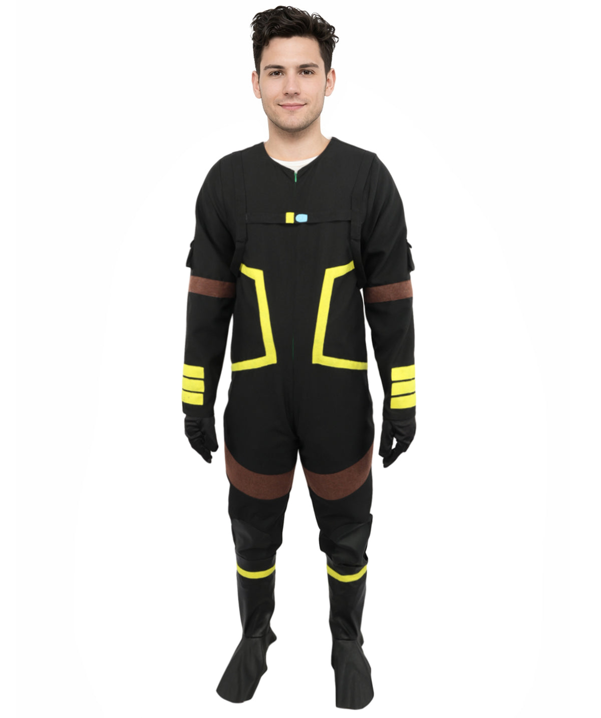 HPO Men's Deep Space Explorer Black Jumpsuit | Reflective PVC and Jersey Construction with Matching Hand Gloves and Leg Socks | Ideal for Cosplay, Halloween, Drag, and Galactic Theater Performances