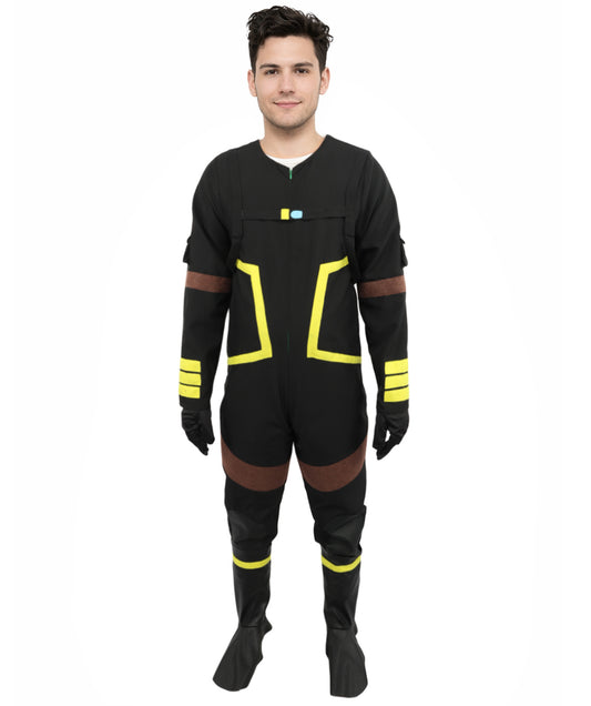 HPO Men's Deep Space Explorer Black Jumpsuit | Reflective PVC and Jersey Construction with Matching Hand Gloves and Leg Socks | Ideal for Cosplay, Halloween, Drag, and Galactic Theater Performances