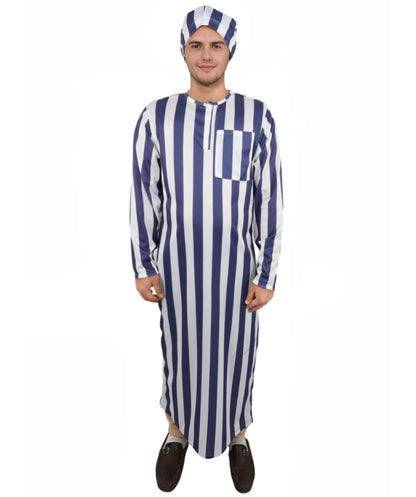HPO Men's Victorian Striped Sleepwear | Blue and White Vertical Stripe Jersey with Adjustable Matching Nightcap | Ideal for Theater, Halloween, Cosplay, and Historical Performance Events