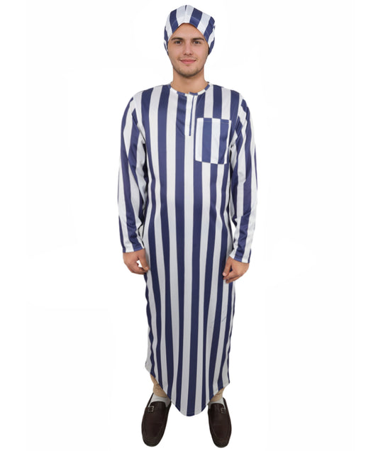 HPO Men's Victorian Striped Sleepwear | Blue and White Vertical Stripe Jersey with Adjustable Matching Nightcap | Ideal for Theater, Halloween, Cosplay, and Historical Performance Events