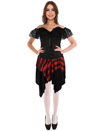 HPO Adult Women’s Pirate Jacket Costume, a classic buccaneer-inspired outfit featuring gold trim, vintage buttons, and lace cuffs for a bold Halloween look