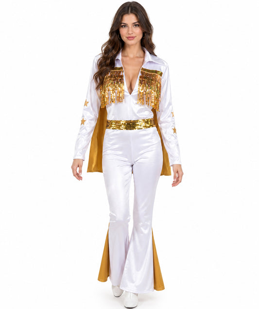 HPO Adult Women’s Elvis Jumpsuit Costume Set | Sparkling Rhinestone-Studded White Jumpsuit with Flared Legs & Matching Cape | Adjustable Fit | For Halloween Themed Events