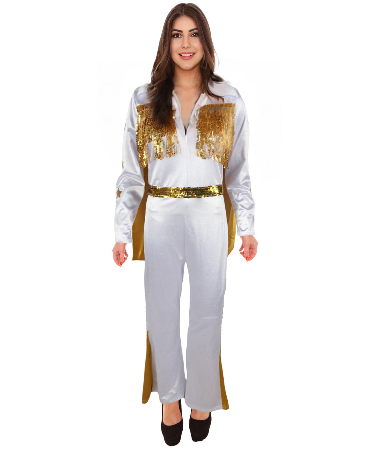 HPO Adult Women’s Elvis Jumpsuit Costume Set | Sparkling Rhinestone-Studded White Jumpsuit with Flared Legs & Matching Cape | Adjustable Fit | For Halloween Themed Events