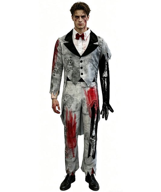 HPO Adult Men’s Corpse Groom Costume Set | Tattered Suit with Bone Detailing & Distressed Accessories | Adjustable Fit | For Halloween, Horror Parties & Themed Events