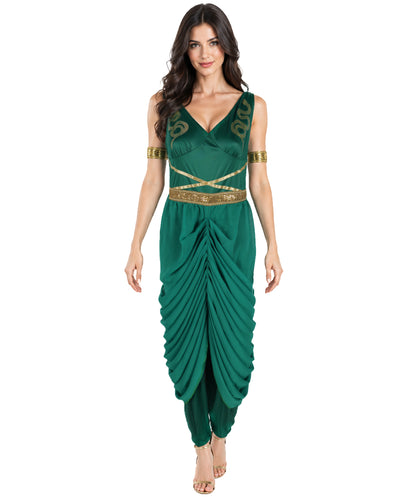 HPO Adult Women’s Medusa Costume | Snake Headpiece, Flowing Gown & Metallic Accents | Mythical Greek Goddess Outfit for Halloween Themed Parties