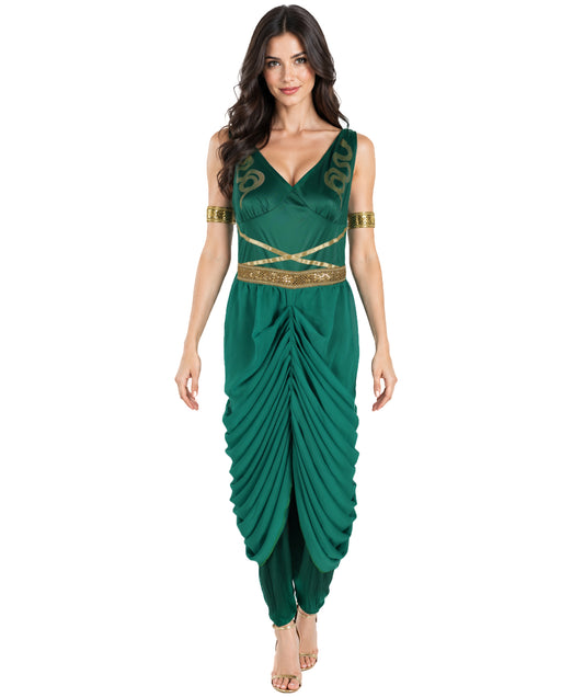 HPO Adult Women’s Medusa Costume | Snake Headpiece, Flowing Gown & Metallic Accents | Mythical Greek Goddess Outfit for Halloween Themed Parties