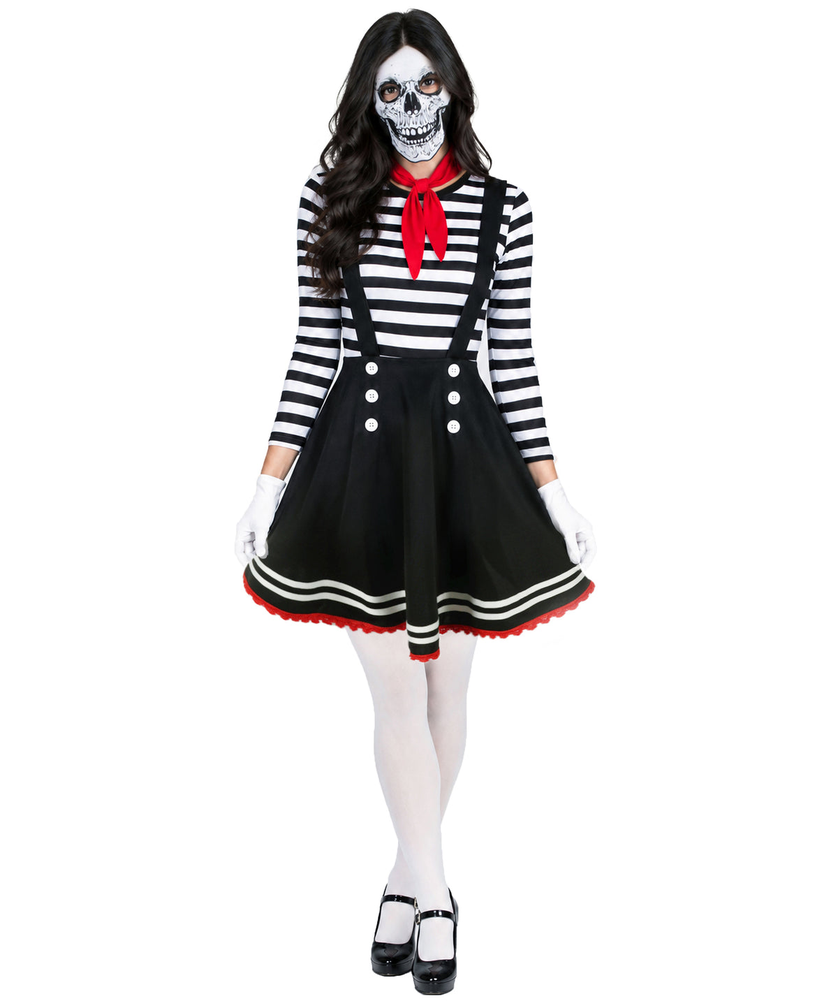HPO Adult Women Mime Costume for Women | Black & White Striped Dress with Mask, Gloves & Tie Dress | Parisian Street Performer Outfit for Halloween, Cosplay & Theater