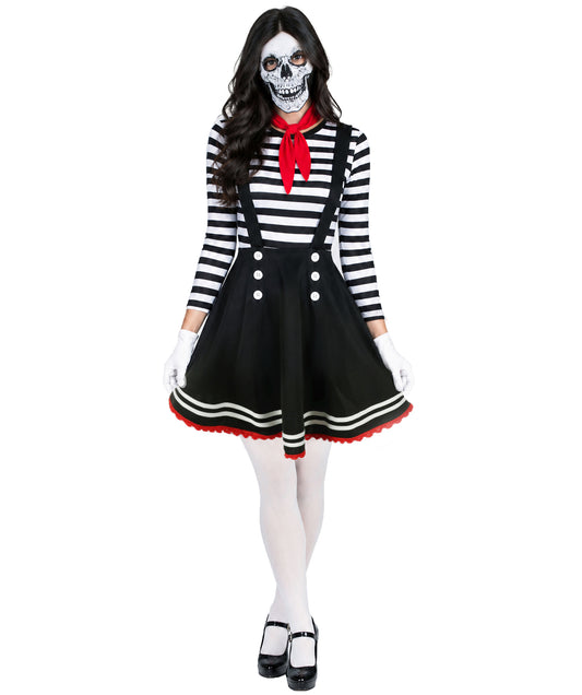 HPO Adult Women Mime Costume for Women | Black & White Striped Dress with Mask, Gloves & Tie Dress | Parisian Street Performer Outfit for Halloween, Cosplay & Theater