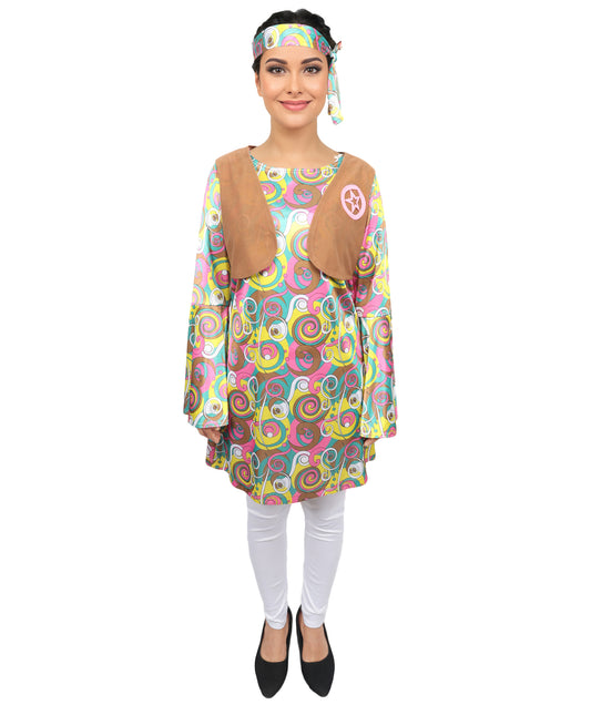 HPO Adult Women’s 60’s Hippie Costume Set | Retro Flower Power Outfit | for Halloween, Themed Parties, Stage & Roleplay