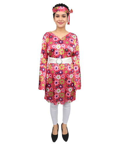 HPO Adult 60s Inspired Girl Dress with Headband & Belt | Swing Vintage Costume Outfit | Lightweight, Comfortable for Halloween, Cosplay, Parties & Stage