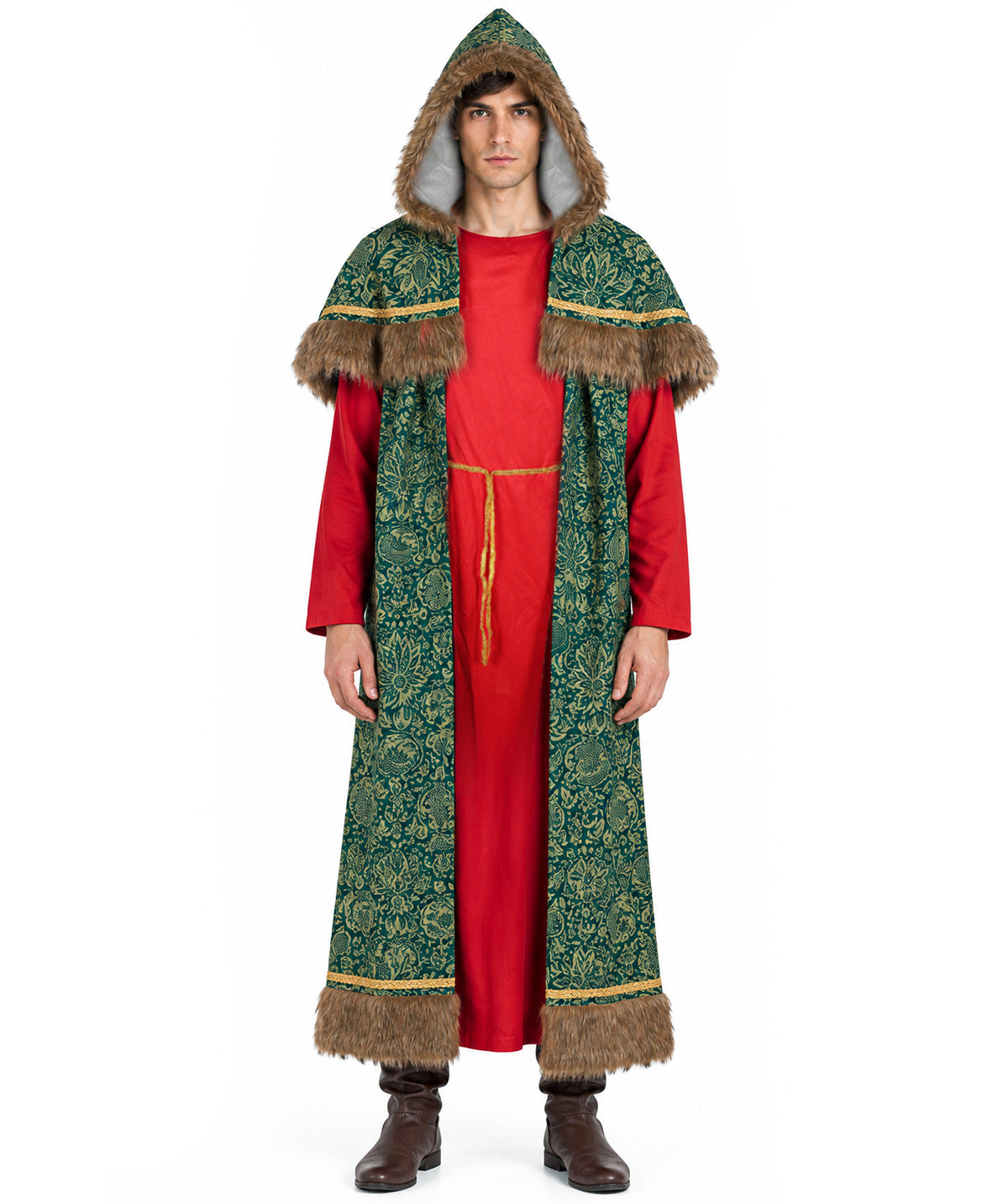 HPO Adult Men's Vintage Santa Claus Costume | Classic Red Velvet Suit with White Faux Fur Trim | Christmas Party Holiday Outfit