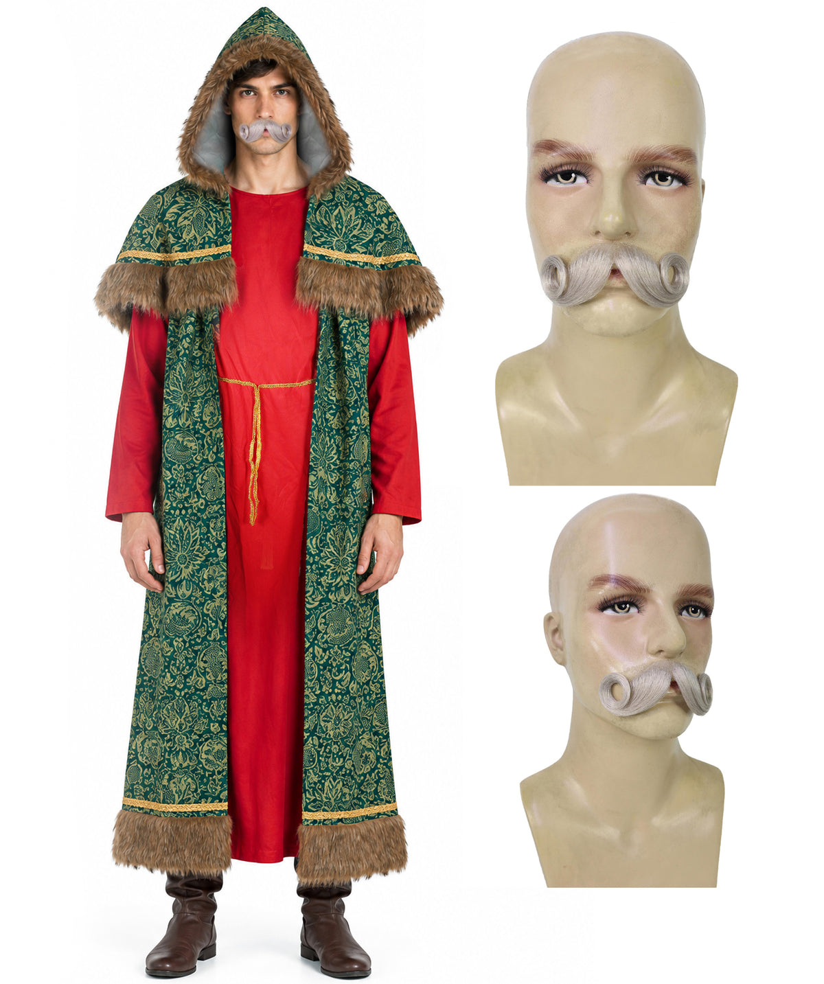 Men’s Classic Santa Claus Costume & Mustache Set | Festive Red Velvet Outfit with Faux Fur Trim | Complete Holiday Bundle for Christmas Celebrations & Events