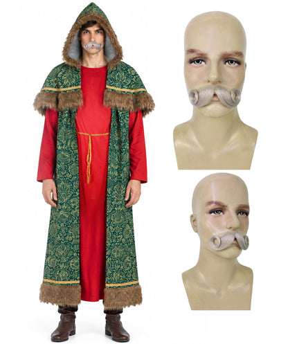 Men’s Classic Santa Claus Costume & Mustache Set | Festive Red Velvet Outfit with Faux Fur Trim | Complete Holiday Bundle for Christmas Celebrations & Events