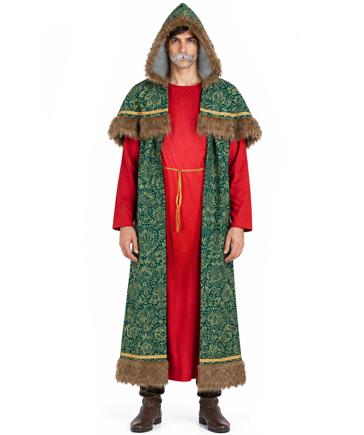Men’s Classic Santa Claus Costume & Mustache Set | Festive Red Velvet Outfit with Faux Fur Trim | Complete Holiday Bundle for Christmas Celebrations & Events