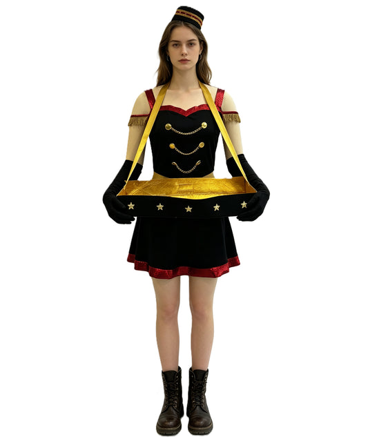 HPO Adult Women’s Vintage Cigarette Girl Costume – Satin Dress for Halloween, Theater, and 1920s Themed Events