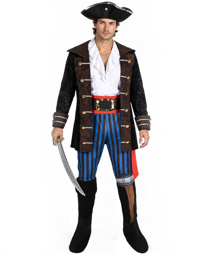 HPO Adult Men’s Pirate Jacket Halloween Costume | Classic Buccaneer Style Coat with Gold Trim and Lace Cuffs | Costume Parties & Themed Events