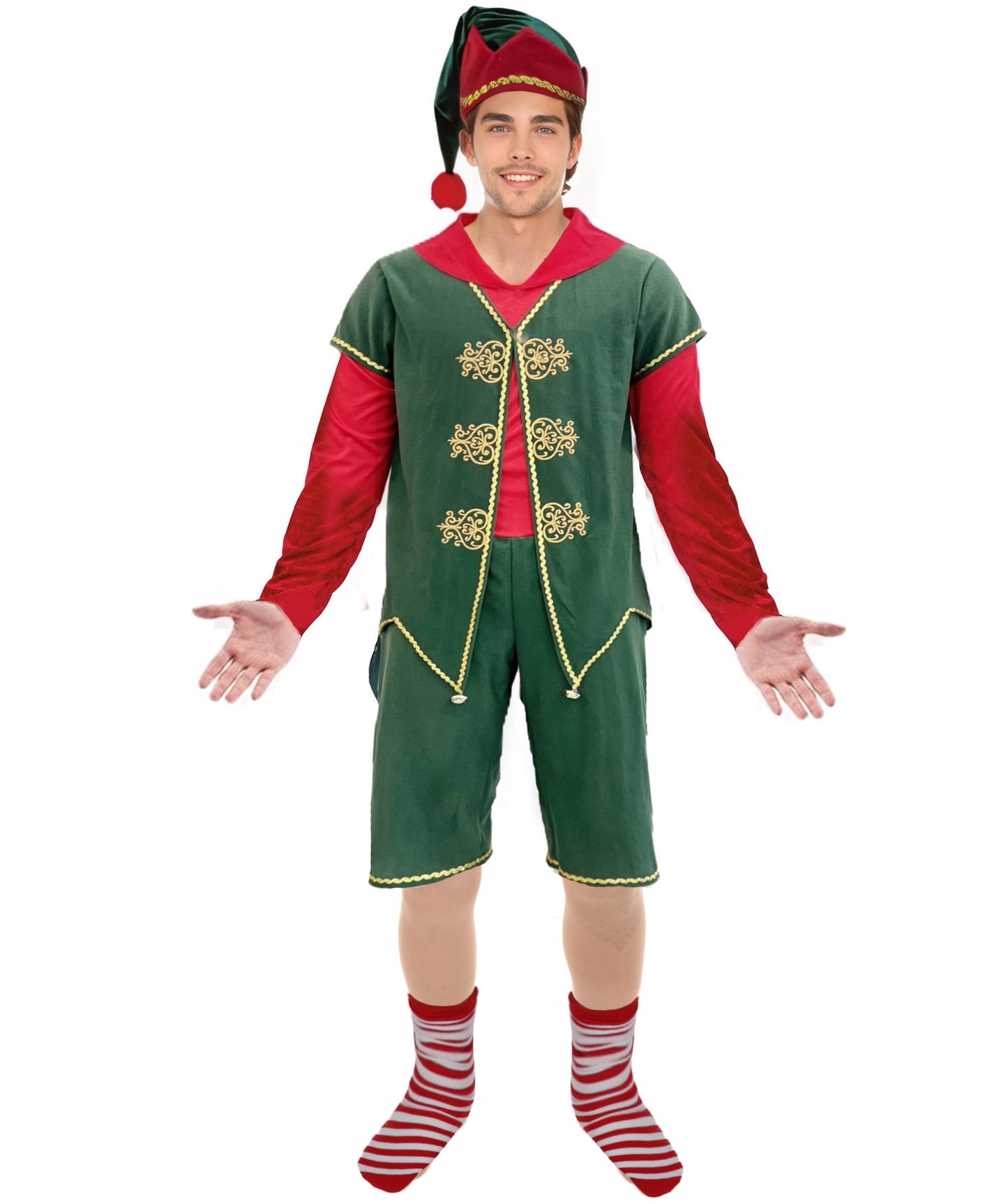 HPO Adult Men’s Deluxe Christmas Elf Costume | Festive Green & Red Tunic | Santa’s Helper Outfit for Holiday Parties & Parades