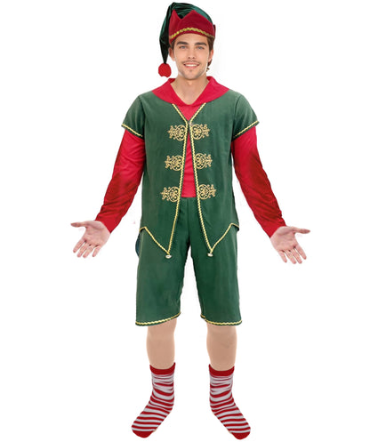 HPO Adult Men’s Deluxe Christmas Elf Costume | Festive Green & Red Tunic | Santa’s Helper Outfit for Holiday Parties & Parades