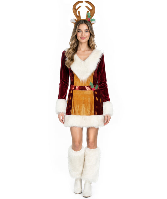 Adult Unisex Brown Reindeer Costume with Antlers and Tail | Plush Full Body Jumpsuit with White Belly | For Christmas, Holiday Parades, and Events