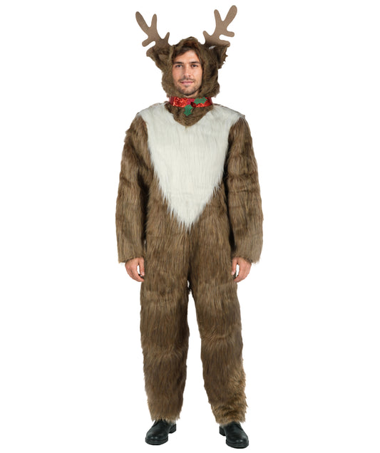 HPO Adult Unisex Multiple Plush Reindeer Costume with Antler Headband & Tail | Holiday Party Christmas Cosplay Outfit | Soft, Comfortable, Lightweight