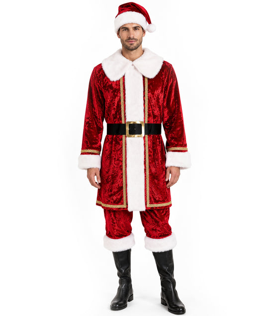 HPO Adult Men’s Classic Santa Claus Costume | Red Velvet Suit with White Fur Dress | For Christmas Parties, Parades & Holiday Events
