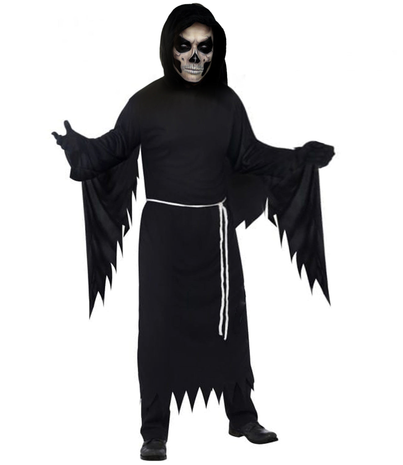 Grim Reaper Black Costume | Hooded Robe with Skeleton Detailing and Scythe Prop | Grim Reaper Outfit for Halloween Haunted Parties Cosplay & Spooky-Themed Events