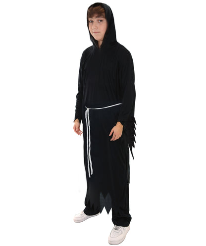 Teen Grim Reaper Black color Costume | Hooded Robe with Skeleton Accents and Scythe Prop | Grim Reaper Outfit for Halloween Haunted Parties Cosplay & Spooky-Themed Events