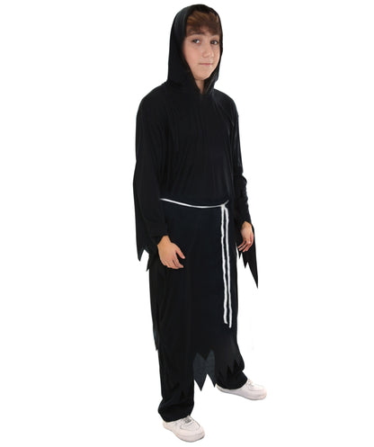 Teen Grim Reaper Black color Costume | Hooded Robe with Skeleton Accents and Scythe Prop | Grim Reaper Outfit for Halloween Haunted Parties Cosplay & Spooky-Themed Events