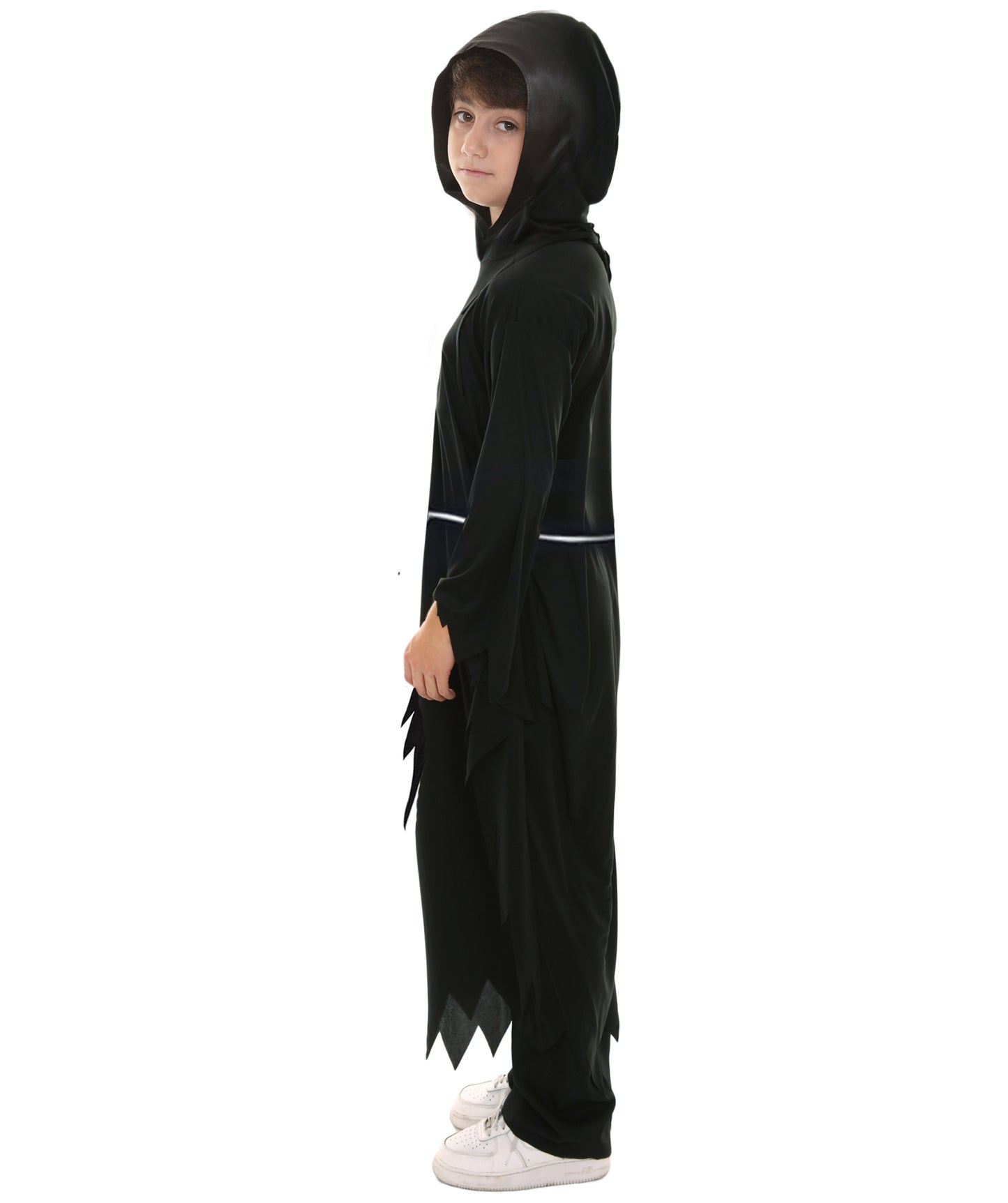Teen Grim Reaper Black color Costume | Hooded Robe with Skeleton Accents and Scythe Prop | Grim Reaper Outfit for Halloween Haunted Parties Cosplay & Spooky-Themed Events