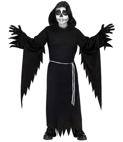 Teen Grim Reaper Black color Costume | Hooded Robe with Skeleton Accents and Scythe Prop | Grim Reaper Outfit for Halloween Haunted Parties Cosplay & Spooky-Themed Events