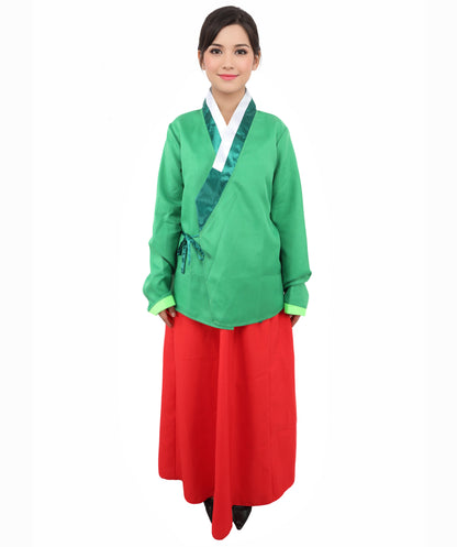 HPO Women’s Anime Herbal Maid Red & Green Costume | Traditional Long Dress with Apron & Waist Bow | Cosplay Outfit for Halloween, Conventions, Stage & Roleplay