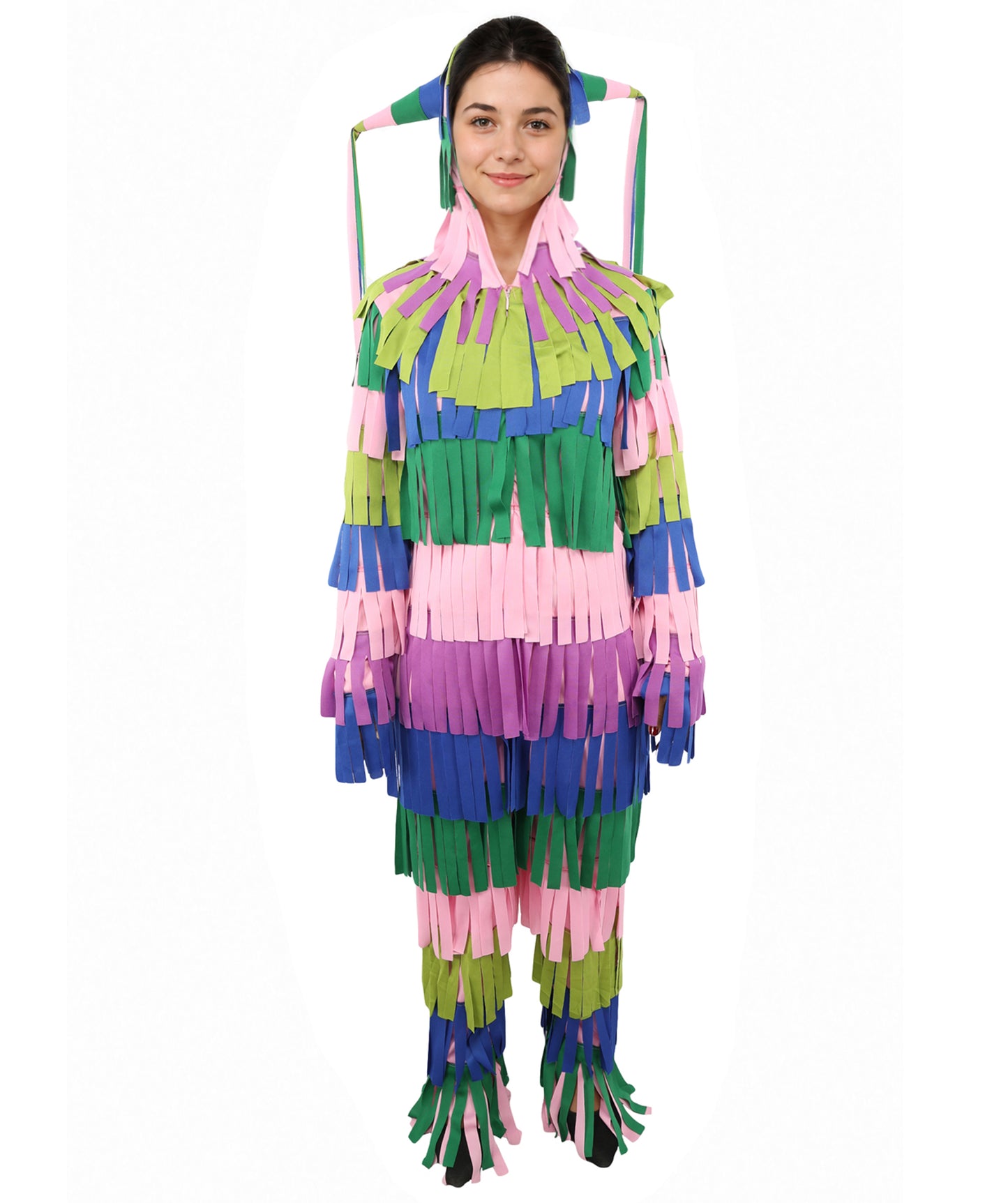 Bright Multicolored Pinata Jumpsuit Costume | Adult Funny Striped One-Piece with Fringe Details | Playful Outfit for Halloween, Cosplay, Parties & Festivals
