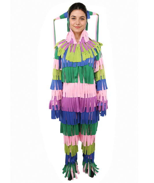 Bright Multicolored Pinata Jumpsuit Costume | Adult Funny Striped One-Piece with Fringe Details | Playful Outfit for Halloween, Cosplay, Parties & Festivals