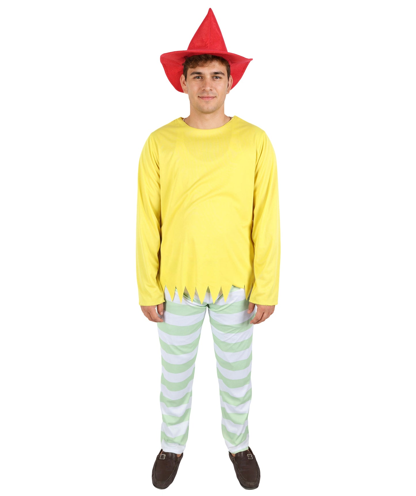 Whimsical Multicolor Character Costume | Men’s Striped Top, Hat & Pants Set | Playful Outfit for Halloween, Cosplay, Parties & Roleplay