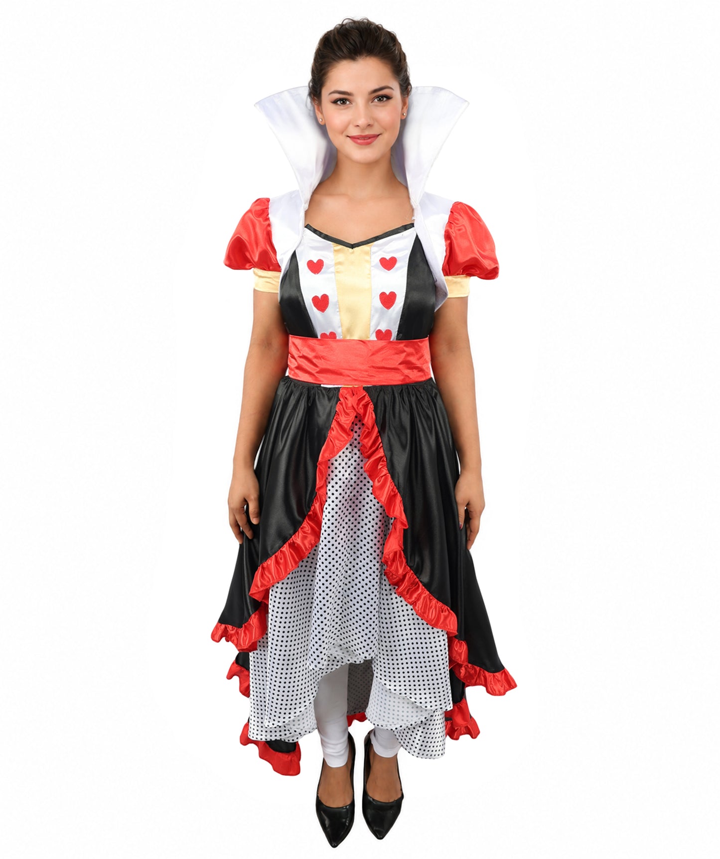 HPO Women’s Flirty Queen of Hearts Costume | Red, Black & White Dress with Crown Headband | Halloween, Cosplay, Stage Performances & Parties